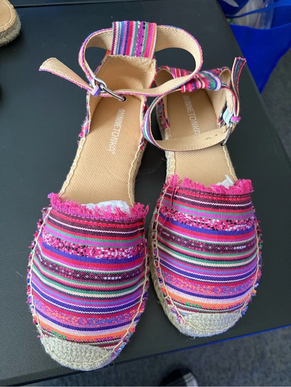 Minnetonka Pink Multi-Stripe Espadrille Sandals with Ankle Strap